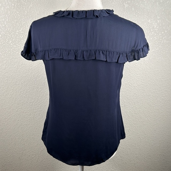 Brooks Brothers Navy Blue Viscose Button Down Ruffle Short Sleeve Top Size XS/0 - Picture 4 of 7